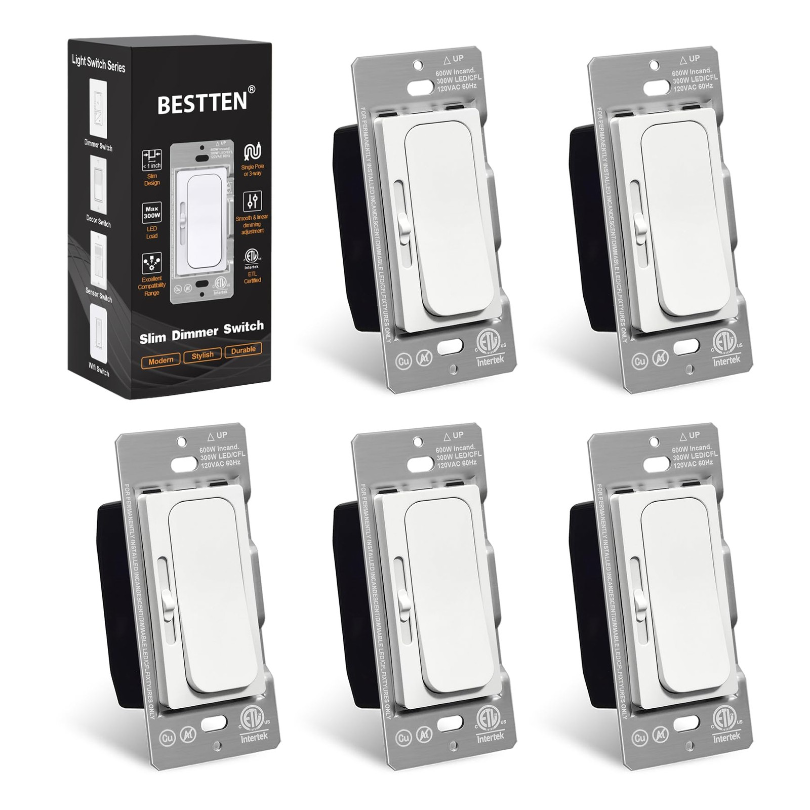 5 Pack Super Slim Quiet Dimmer Light Switch, Smooth Slide Dimmer Switch, Sing...