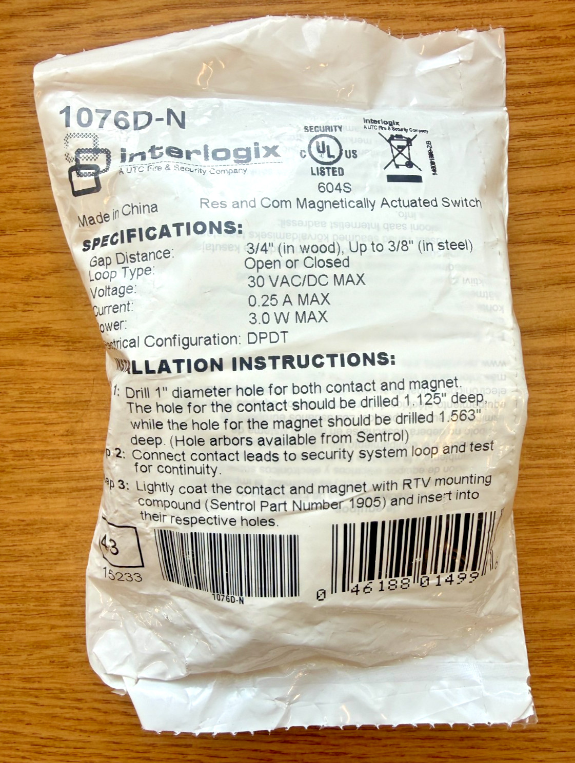 INTERLOGIX UTC FIRE & SECURITY 1076D-N Magnetic Door Contact