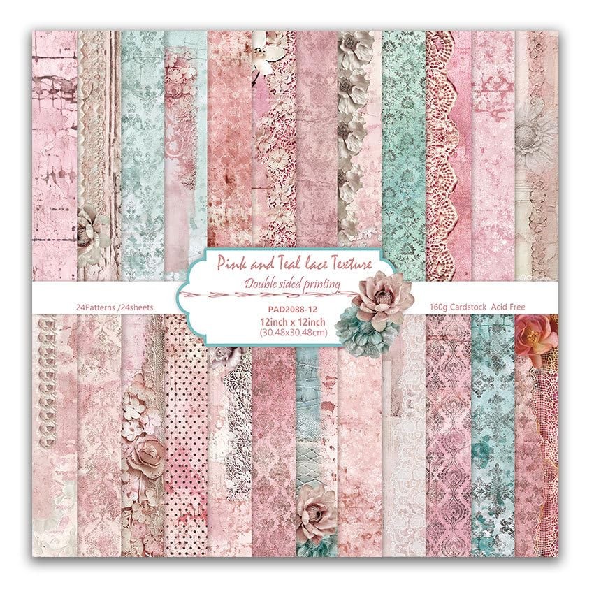 Pink Teal Lace Texture Scrapbook Paper Pattern 24 Sheets 12x12 Inch Double