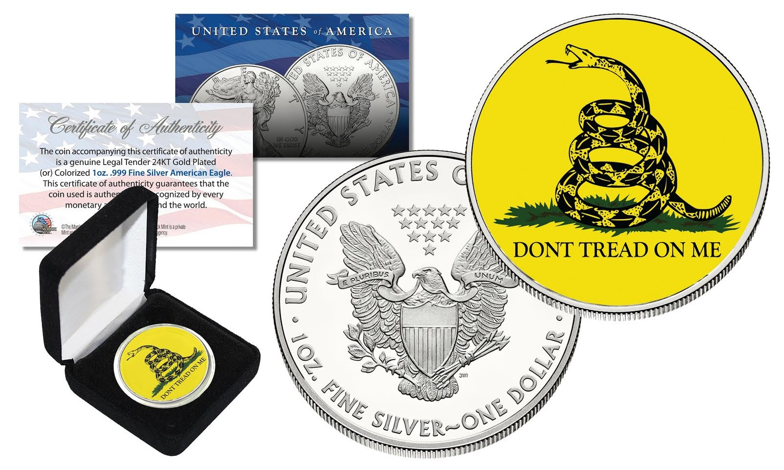 GADSDEN U.S. FLAG - Don't Tread On Me - 1 oz. PURE AMERICAN SILVER EAGLE w/BOX