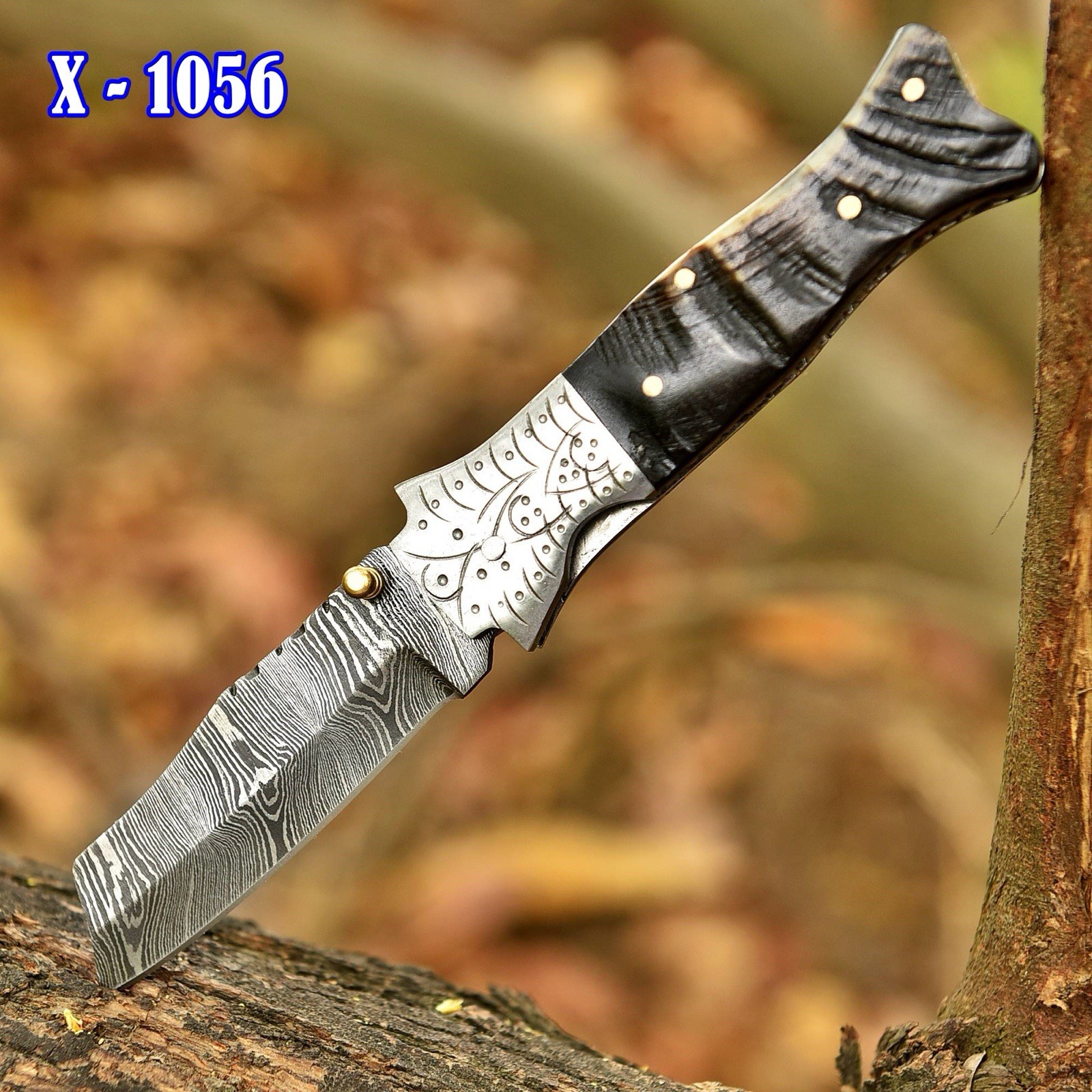 Damascus Folding Tanto Blade Pocket Knife - Outdoor Skinner-Ram Horn Handle