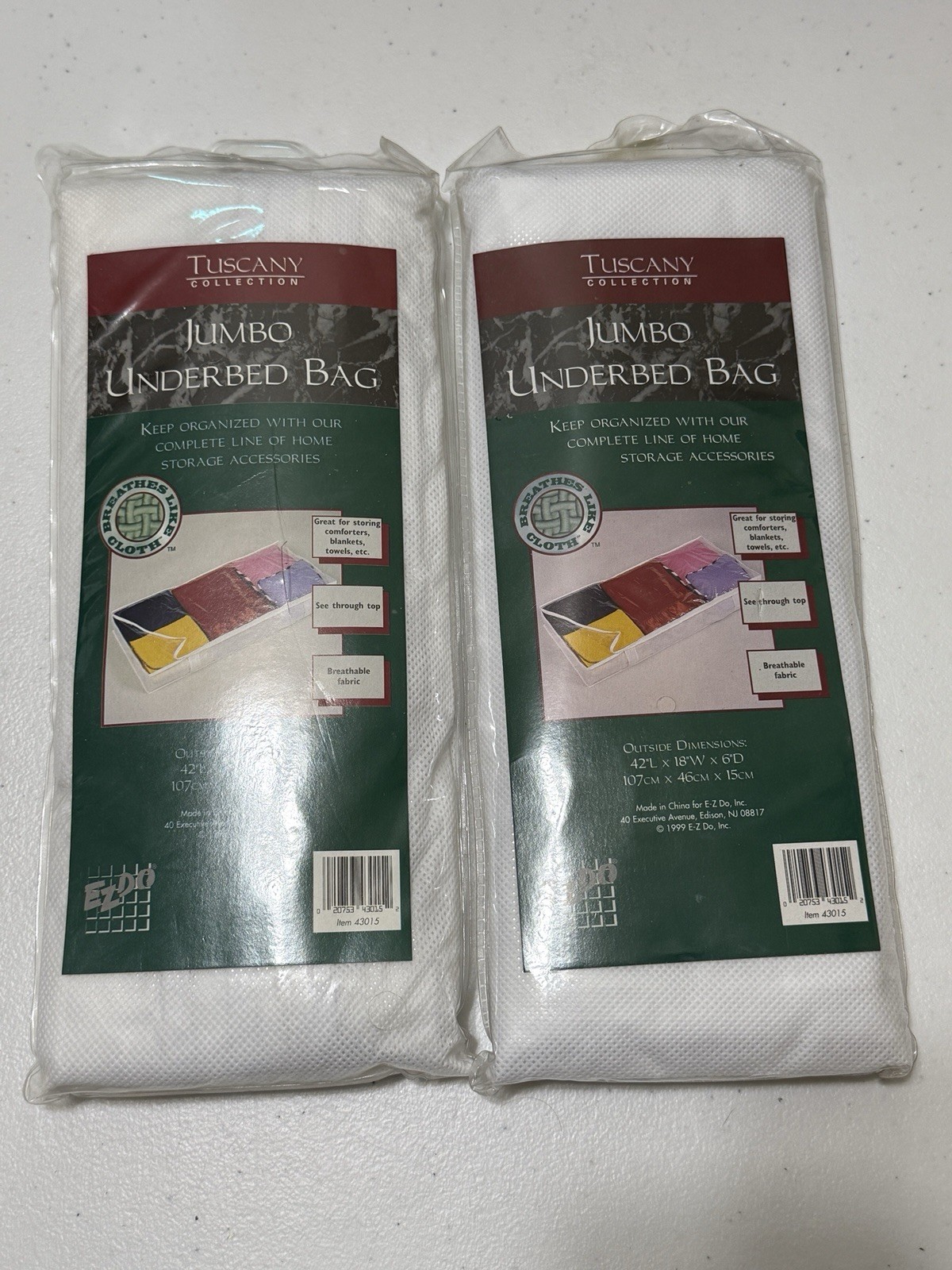 Tuscany Set Of 2 Jumbo Underbed Bags 42"X18"X6" White Breathable Fabric Storage