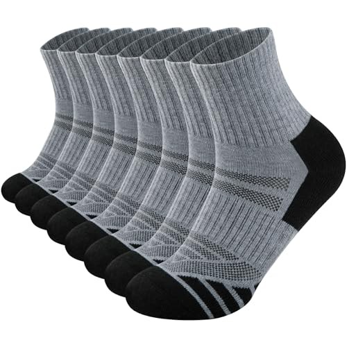 Mens Cushioned Ankle Socks Athletic Performance Quarter Socks 8 Pairs Grey