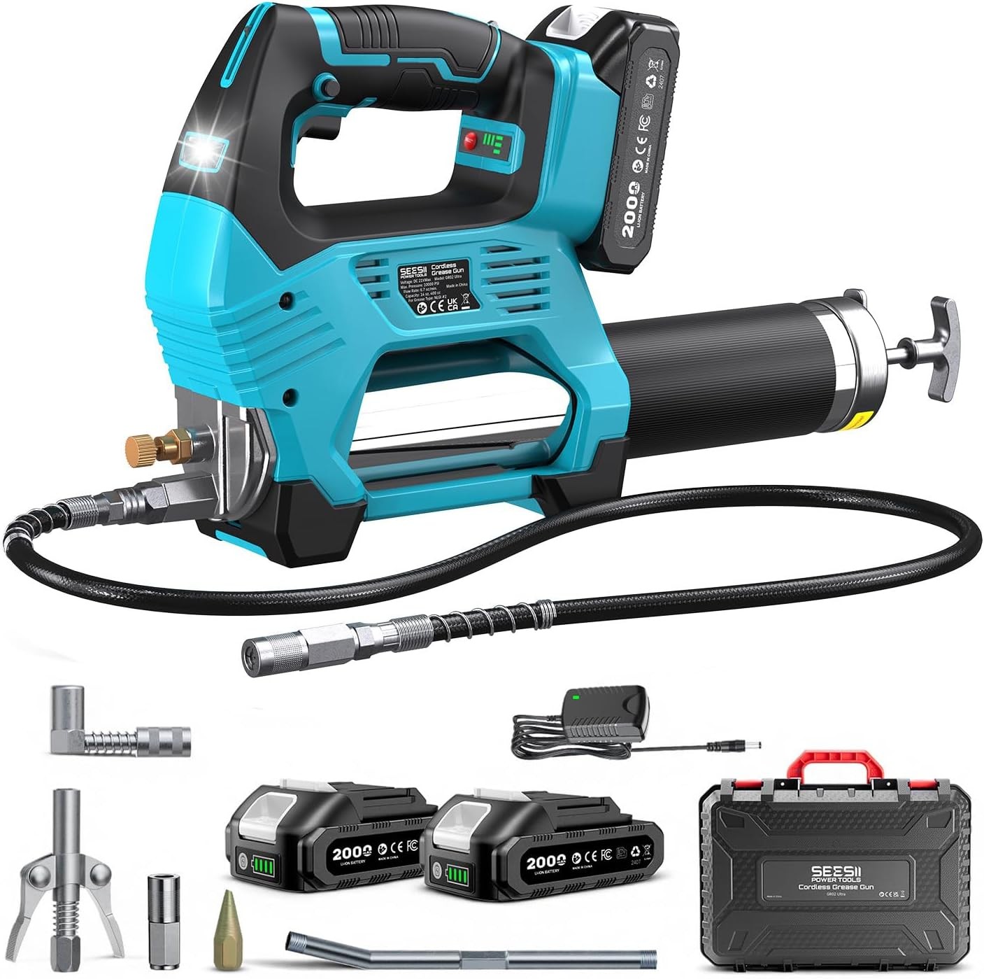 Seesii 12000PSI Electric Grease Gun Brushless Battery Powered Greasing 2*Battery