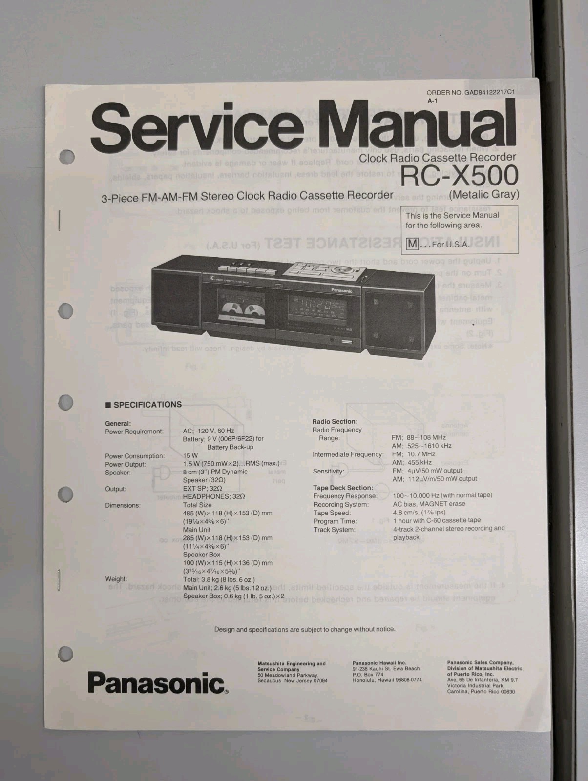 Panasonic Rc-x500 3piece FM/AM StereoClock RadioCassette Recorder ServMan D-5426