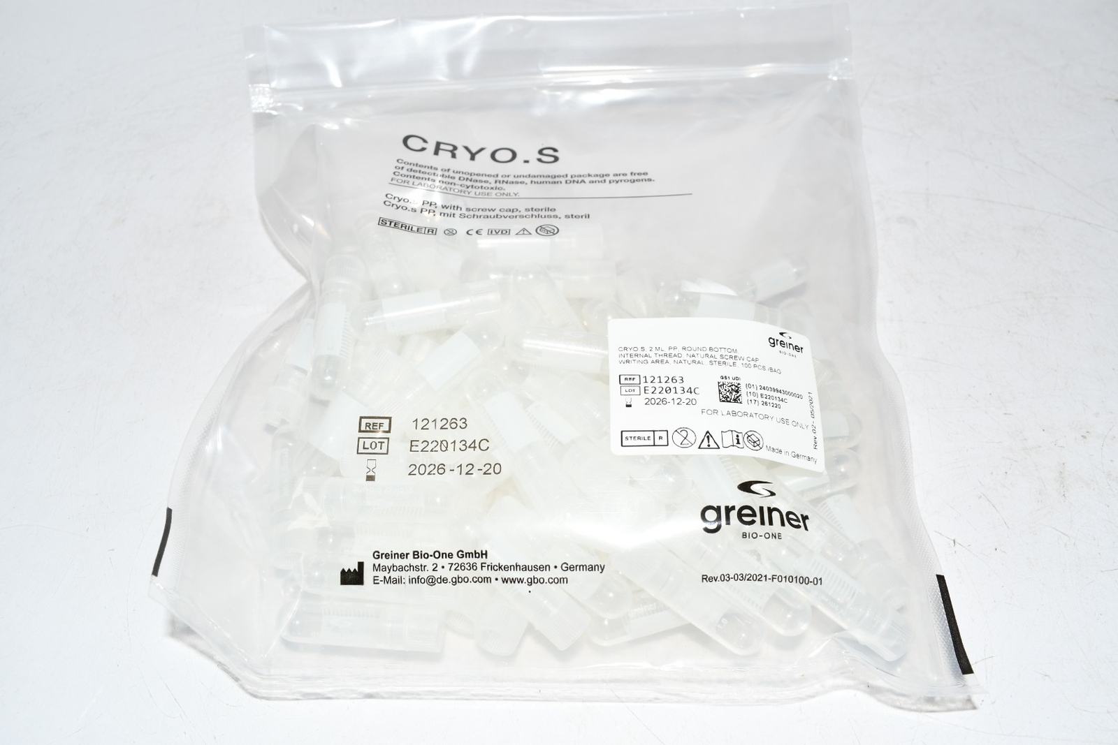 NEW Greiner Bio-One 121263 Polypropylene Cryogenic Vial, Sterile, Round Bottom,