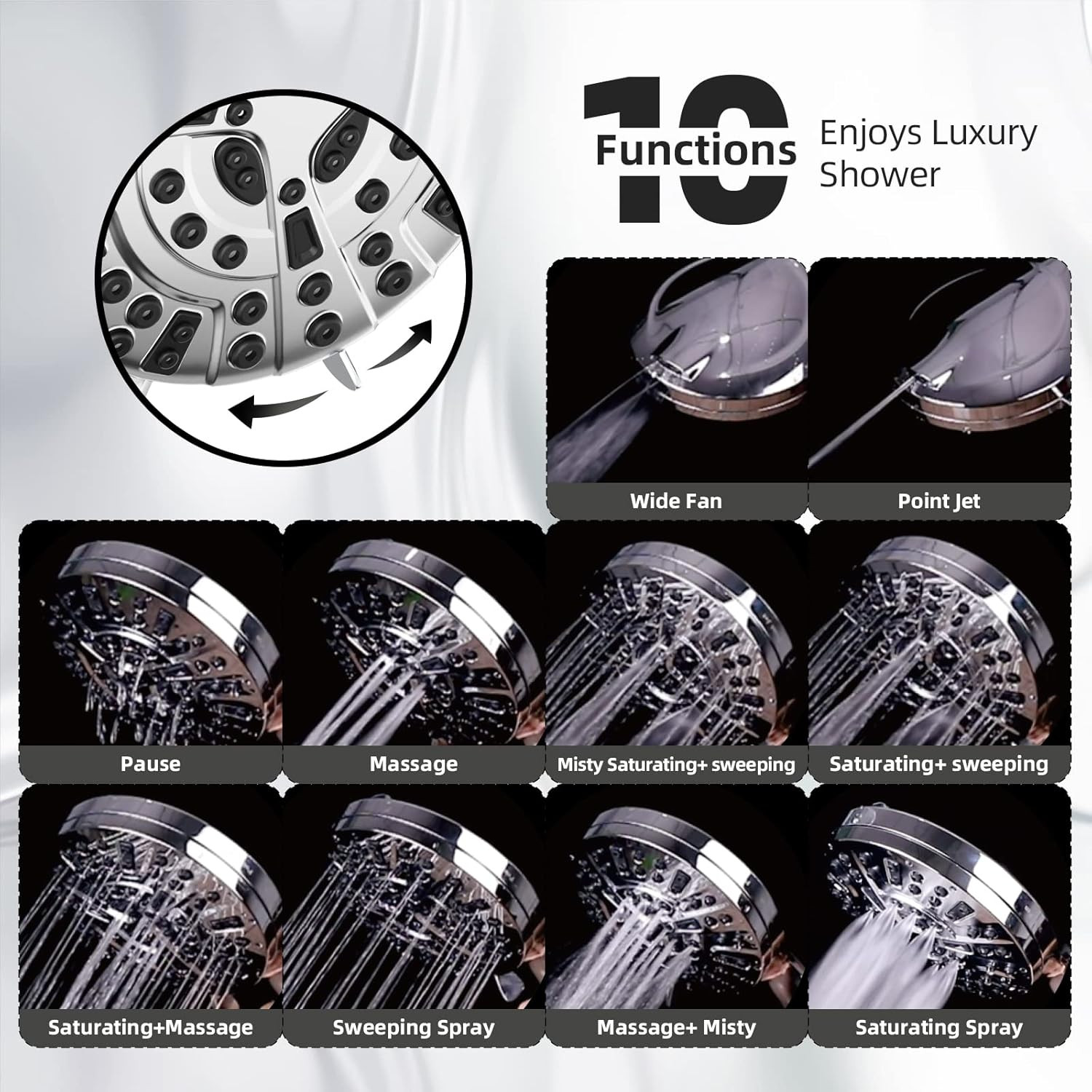Shower Head,10 Functions High Pressure Shower Head with Handheld, Built-In Pause