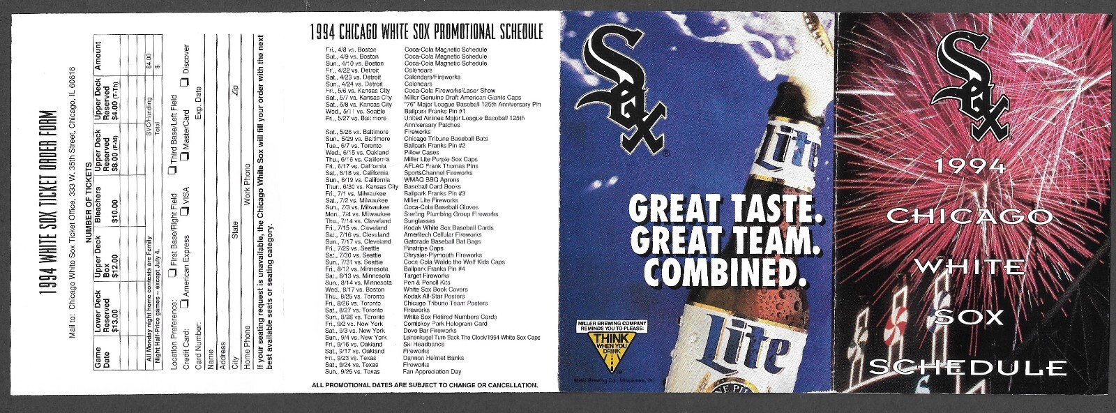 1994  WHITE SOX  Lite Beer ( 1 Bottle )  Regular Season  POCKET SCHEDULE NM-MINT