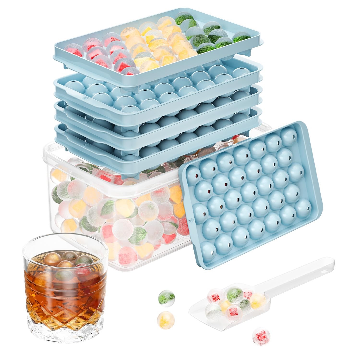 3 Pack Round Ice Cube Trays with Lid and Bin, 99 PCS, 0.8 in, Blue