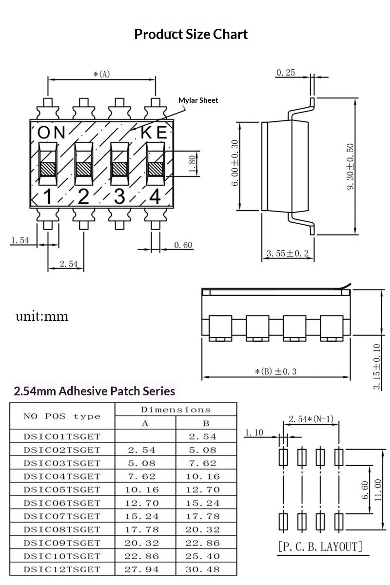 20PCS Surface mounted DIP Switch KE-2.54-4 Gold Plated Pin