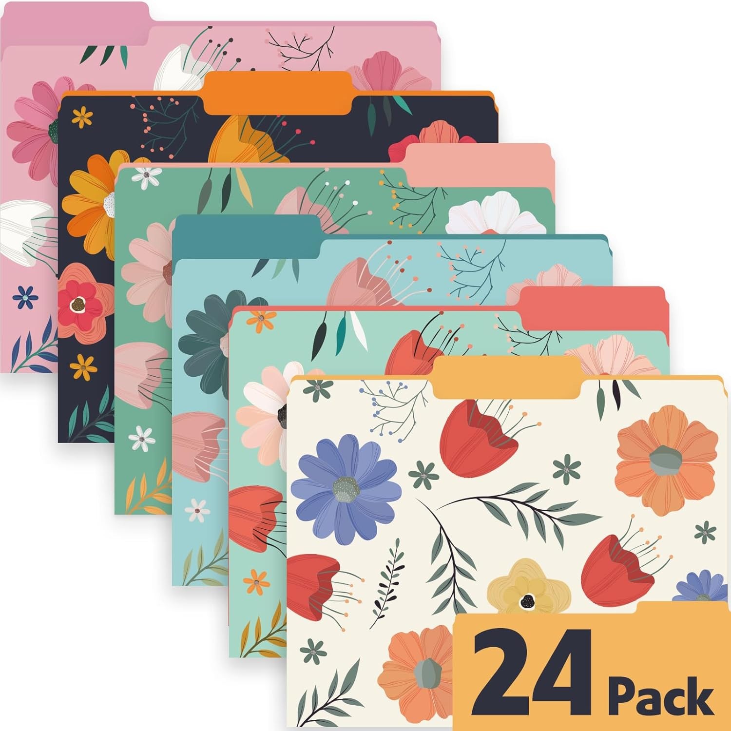24 Pack Decorative File Folders, 1/3 Cut Tab Floral Colored Folders Letter Size