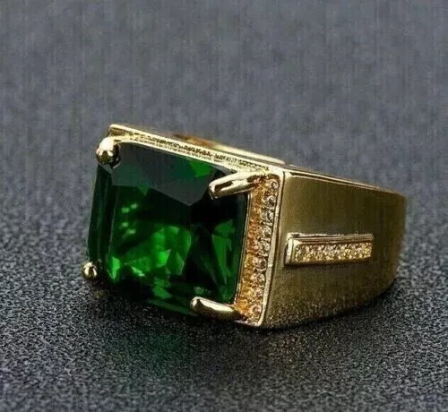 Simulated Emerald 3 Ct Emerald Cut 14K Yellow Gold Finish Men Engagement Ring