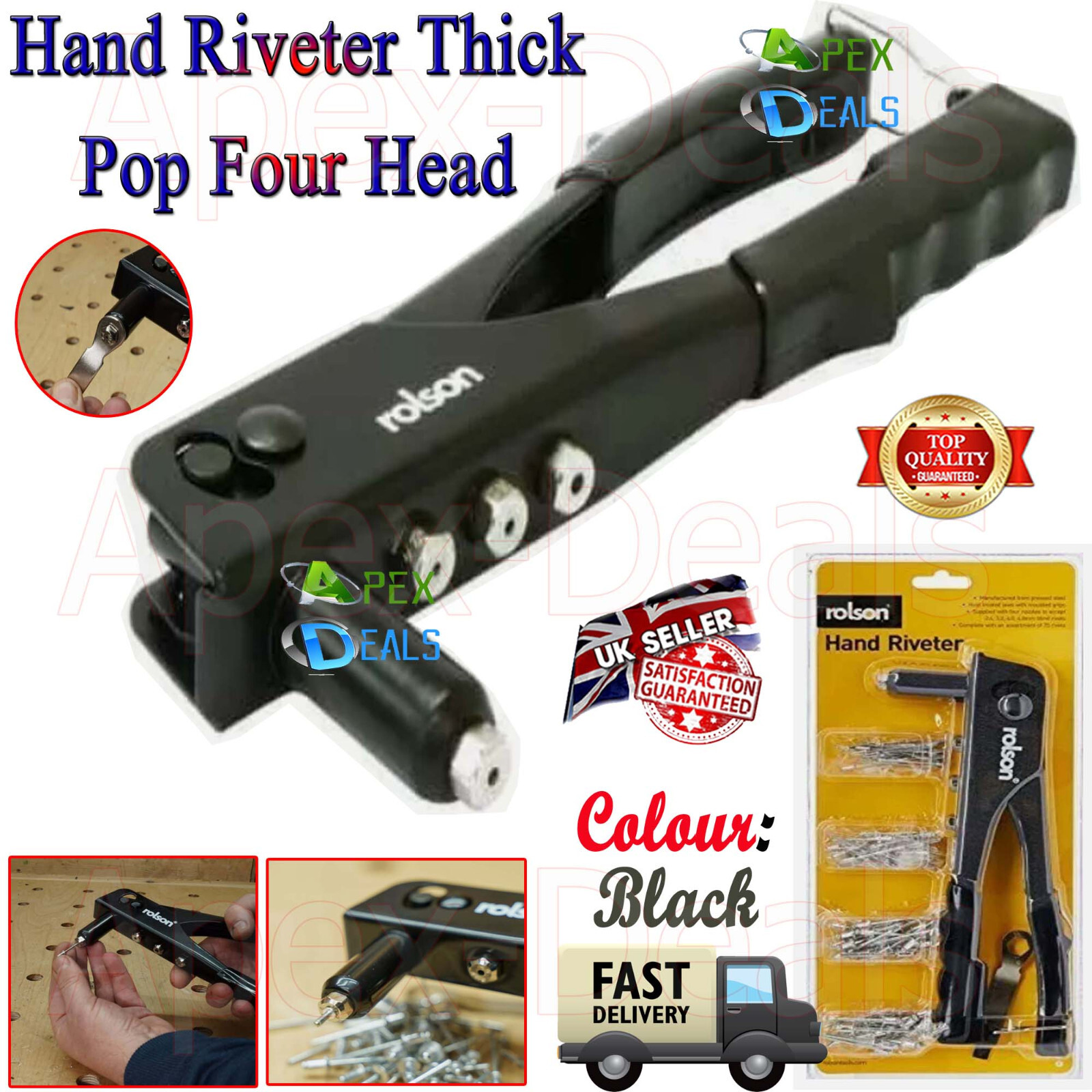 Rolson Heavy Duty Pop Rivet Gun + 75 Rivets Hand Riveting Riveter With 4 Nozzles