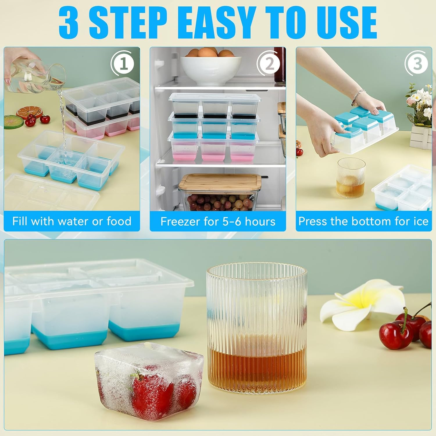 Ice Cube Trays 2 Pack,  Large Silicone Ice Cube Molds with Leak-Proof Lid, TP...