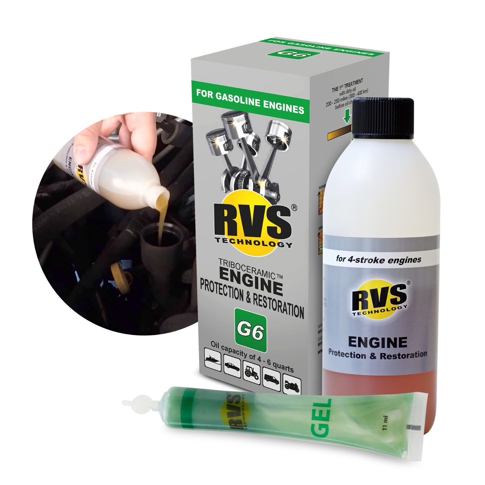 RVS Technology G6 engine treatment. Restore your engine, increase fuel economy!