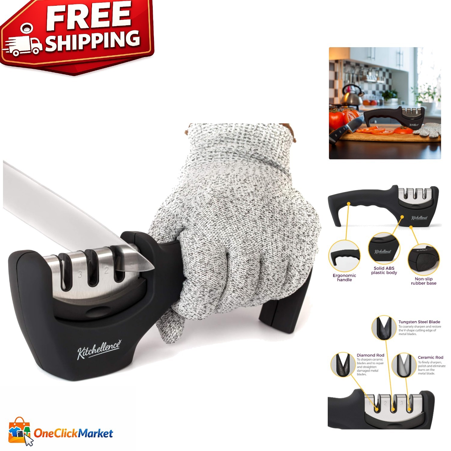 Durable 3-Slot Knife Sharpener and Protective Glove: Elevate Your Cooking Skills