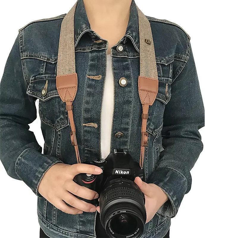 Grey Adjustable Camera Shoulder Neck Strap Cotton Leather Belt For DSLR Camera