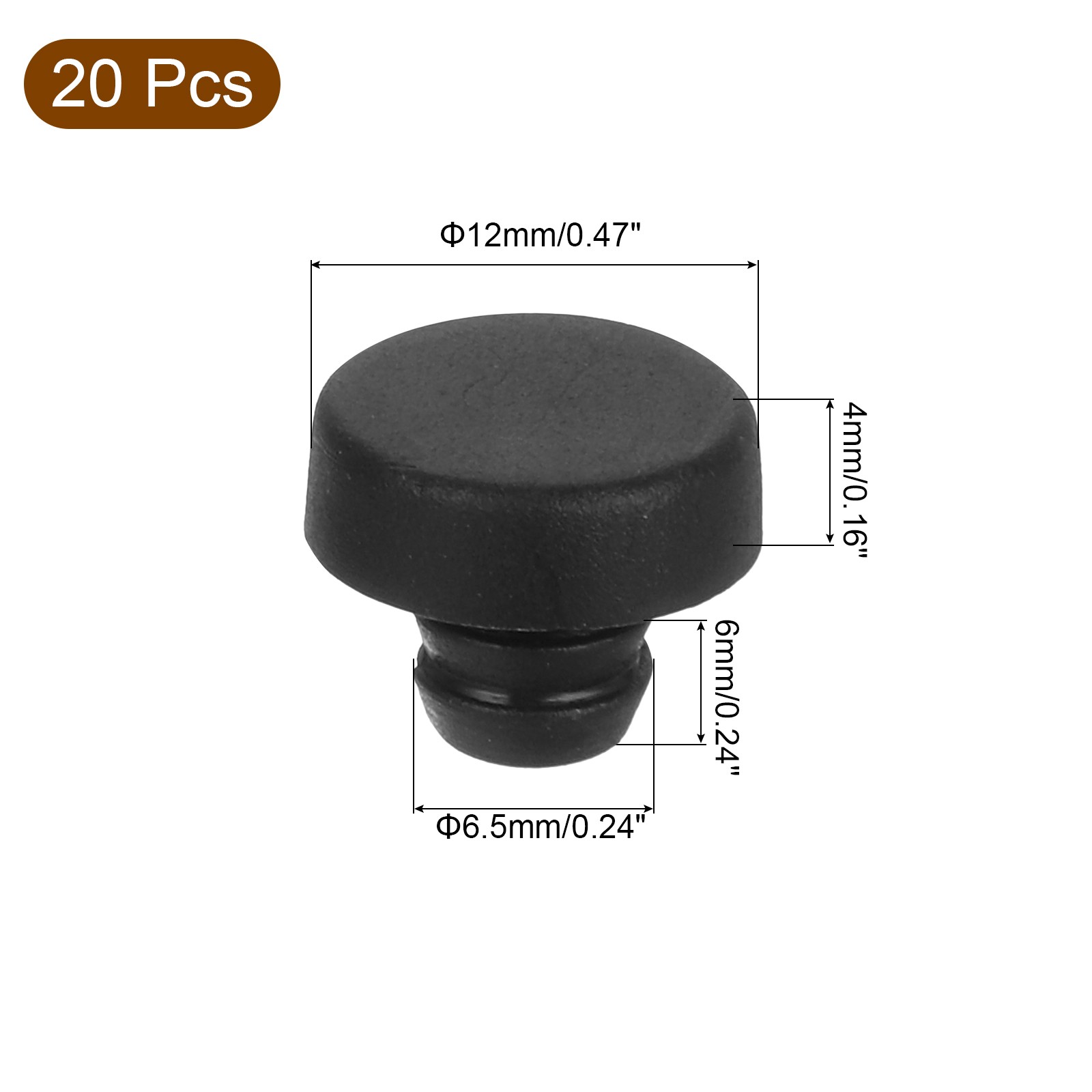 20Pcs Glass Table Top Bumpers with Stem Black Bumpers for 6.5mm/0.26" Hole