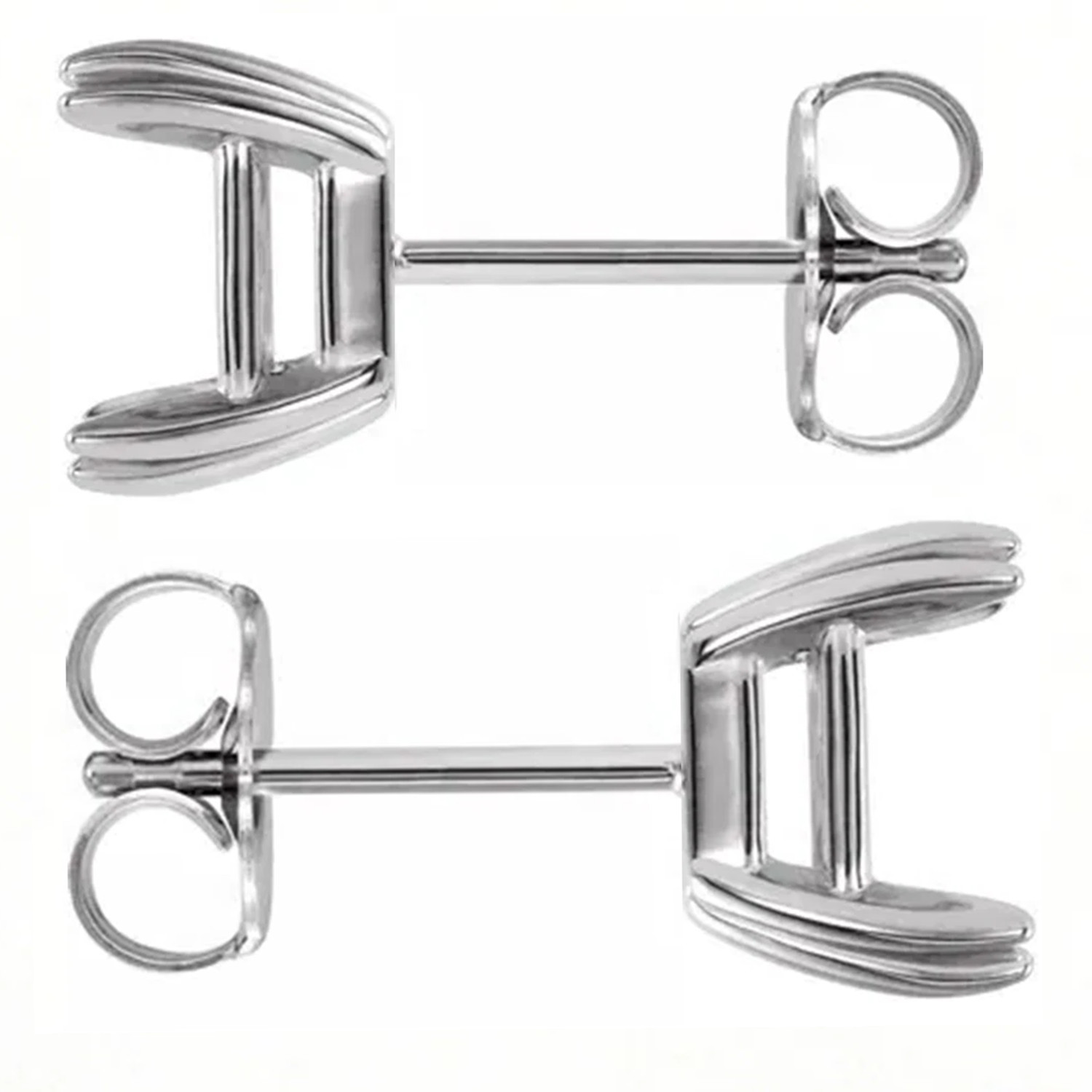 Earring Mountings Emerald Cut 14K White Gold Double Claw Friction Back - 1 Pair