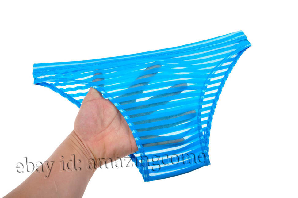 New Sexy Men's Transparent Stripe Mesh Briefs Underwear Flat Front Bikini Briefs