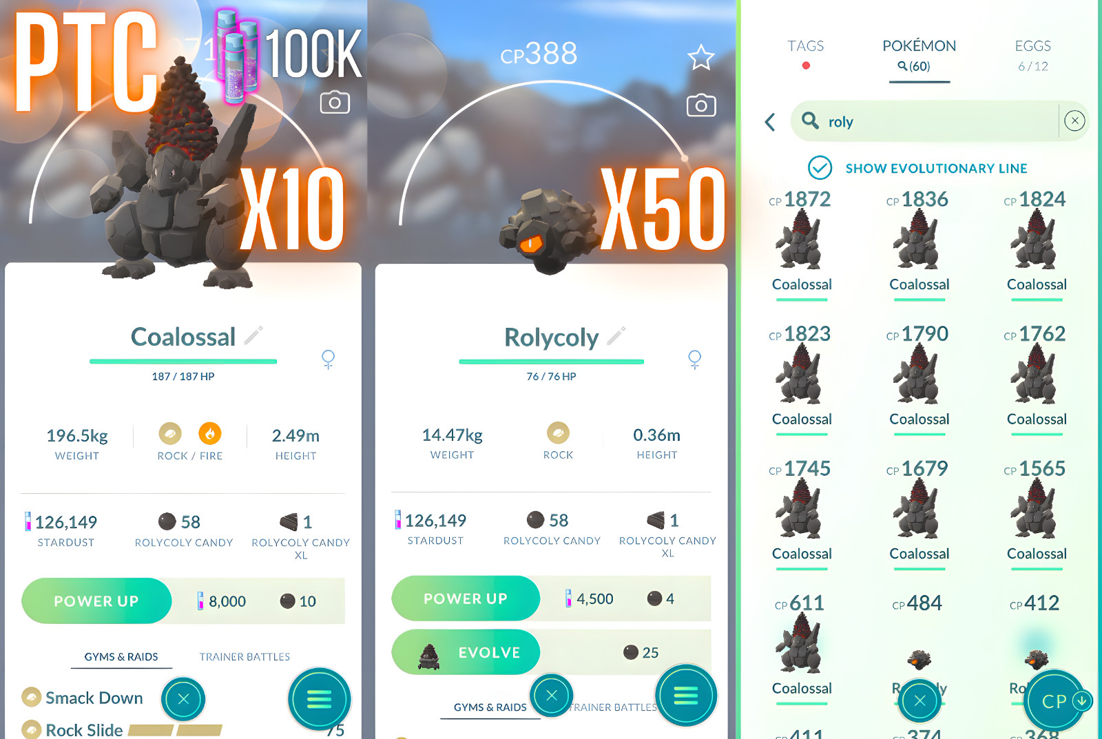 Coalossal x10, Rolycoly x50, Stardust 100K | mini PTC | Go