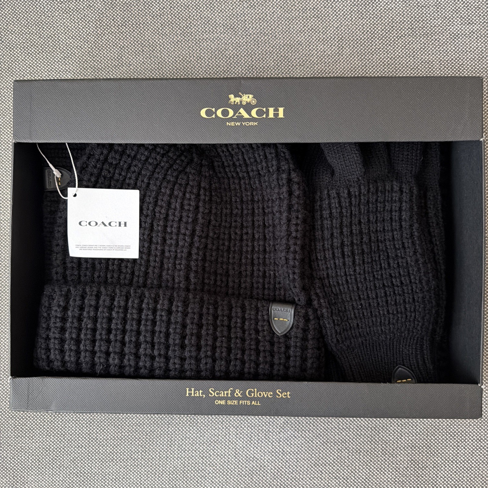 NEW Coach Black Waffle Hat / Scarf / Gloves / BOXED SET / MSRP $ 225