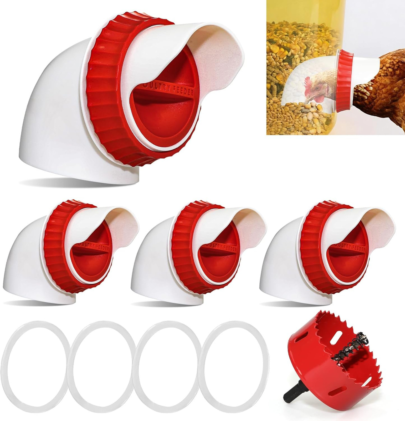 4 Pack No Waste Chicken Feeder Ports Kit with Hole Saw for Bucket Barrel Troughs