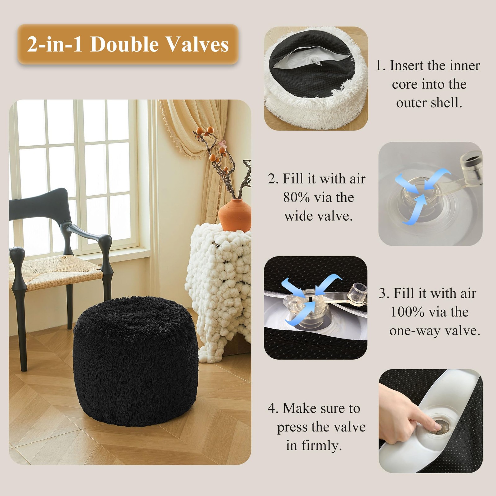 Fluffy Faux Fur Inflatable Pouf Ottoman, Comfy Portable Shaggy Fuzzy Foot Sto...