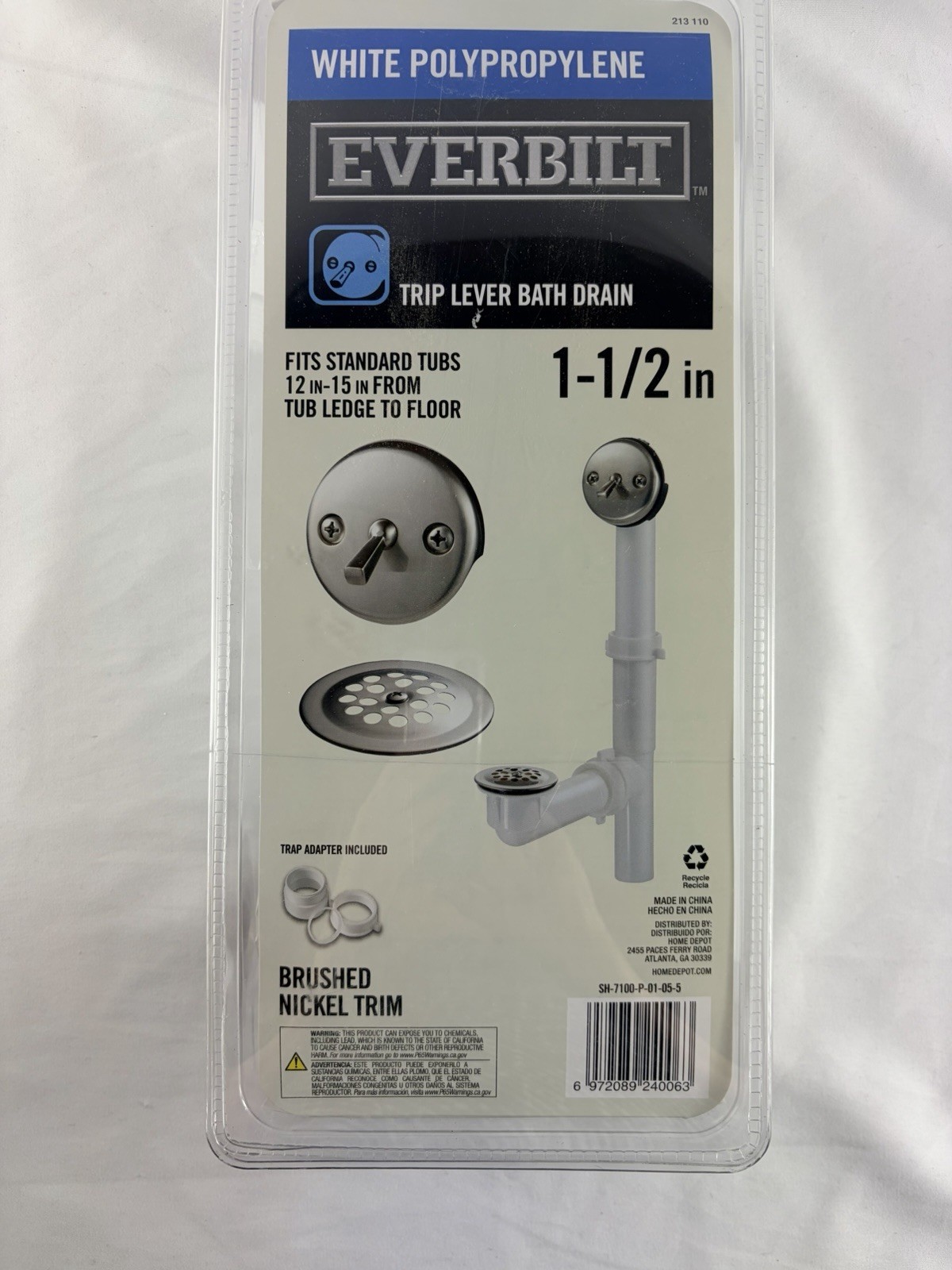 Everbilt Trip Lever Bath Drain 1 ½” Brushed Nickel Trim White New Sealed 213-110