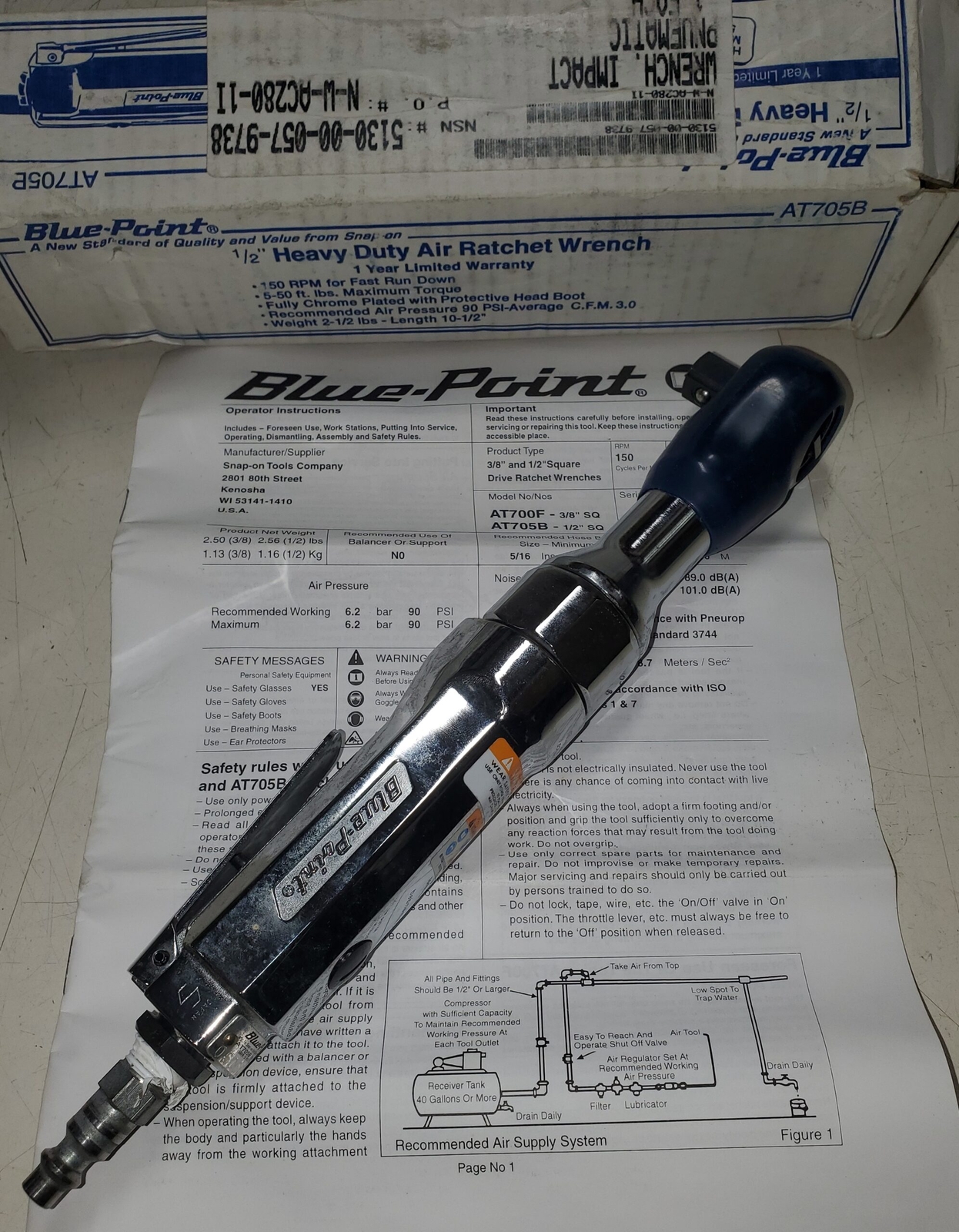 Blue Point 1/2" Drive Air Ratchet AT705B 5130-00-057-9738 AT705