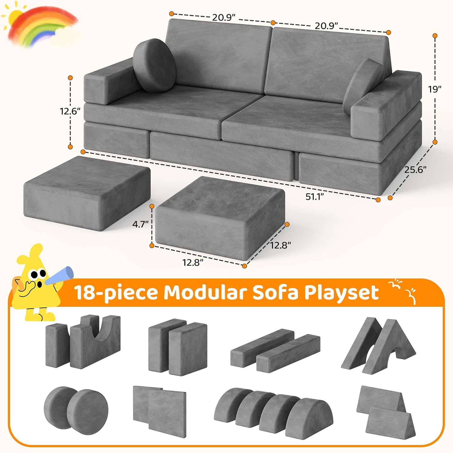 18Pcs Play Couch for Kids,Modular Kids Play Couch for Playroom Bedroom Living Ro