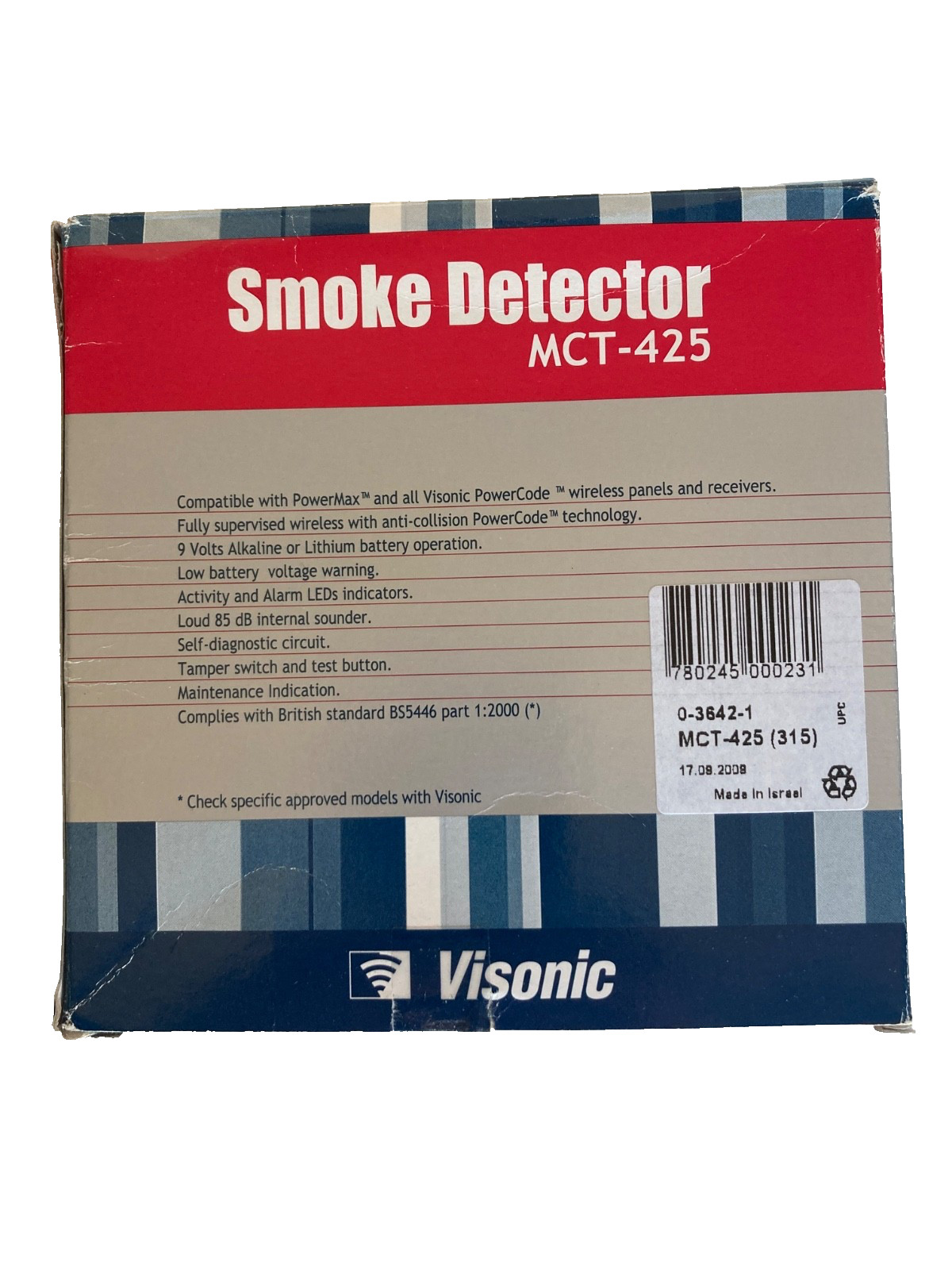 Visonic MCT-425 Wireless Smoke Detector Used - Tested Good