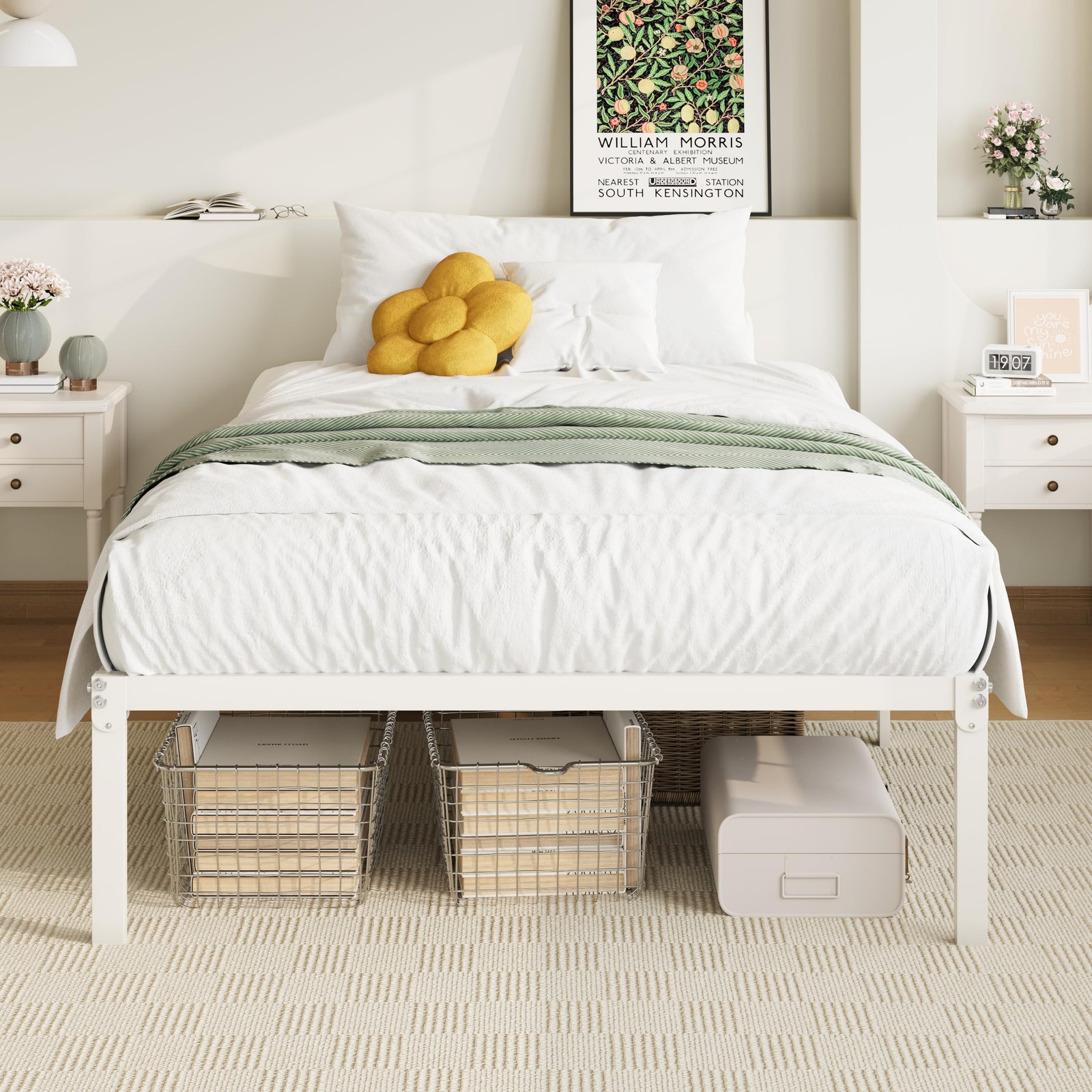 Twin Bed Frame 14~Inch Metal Platform with Storage, No Box Spring, White