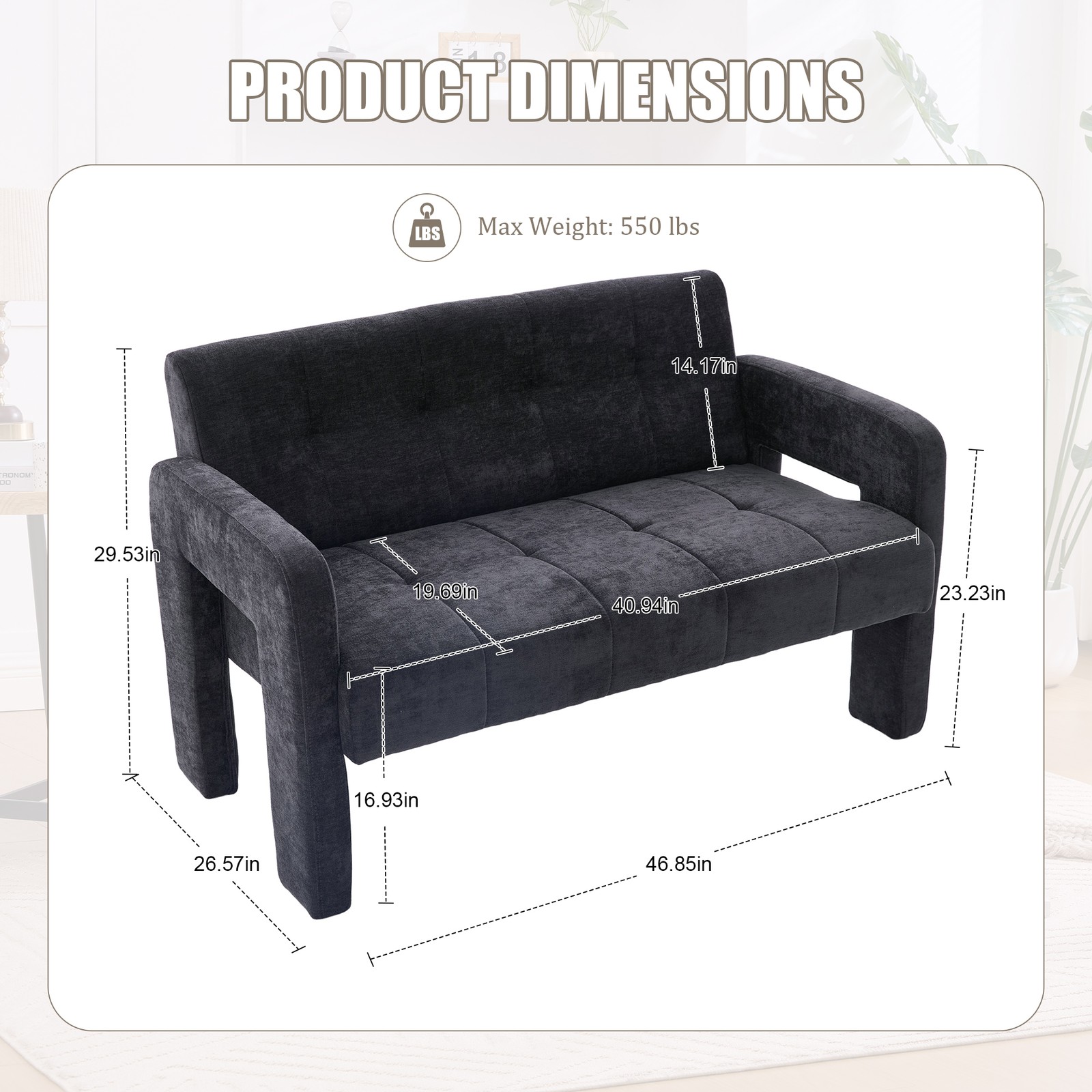 Nordic Modern Double Armchair Loveseat Sofa Chenille Black