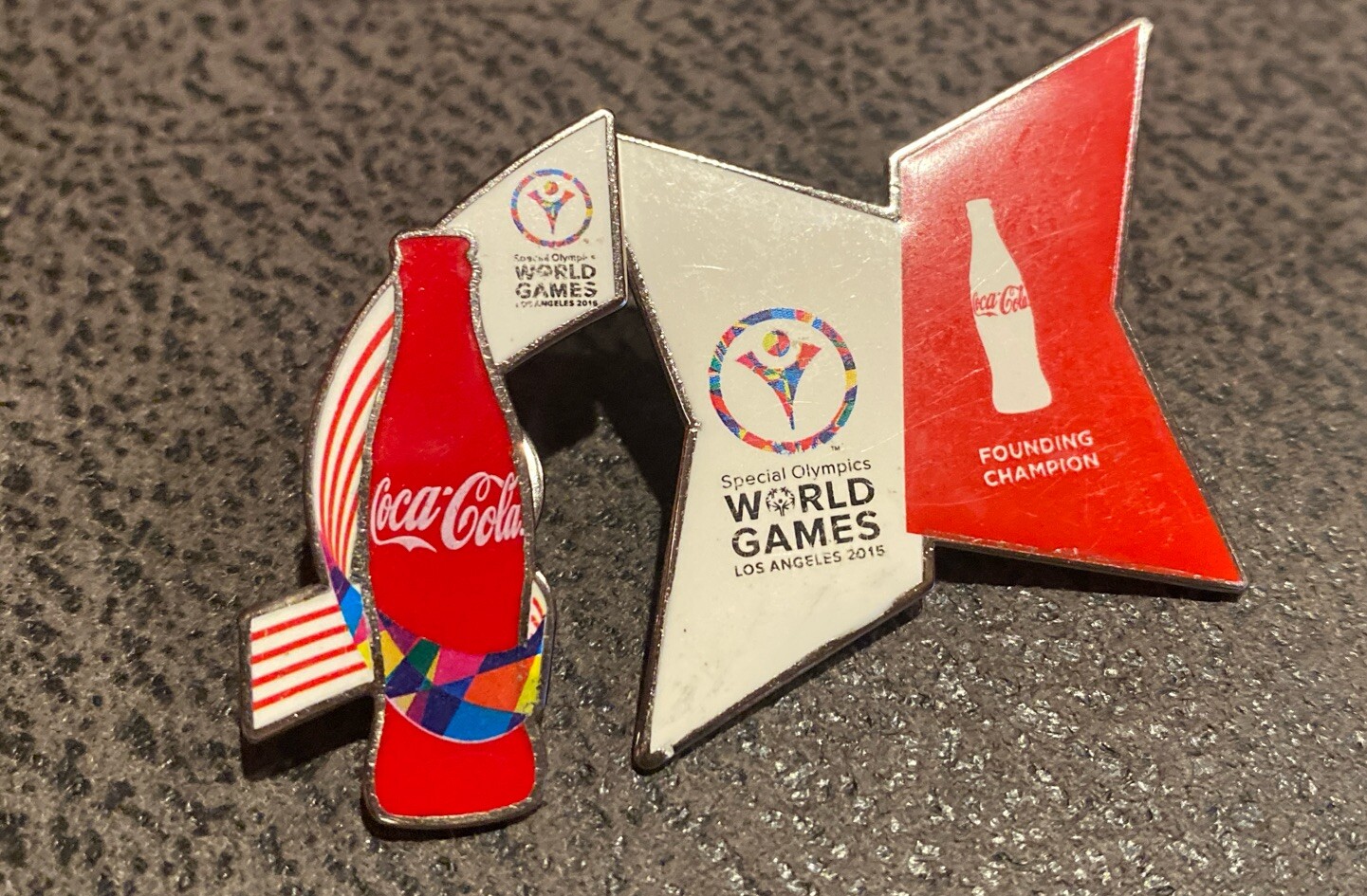 2 Pin Brooch Coca Cola - Los Angeles 2015 Special Olympics World Games Founding