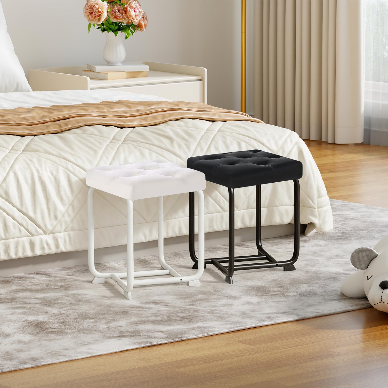 White Vanity Chair, Leather Vanity Stool, Small Stool Chair for Vanity, Squar...