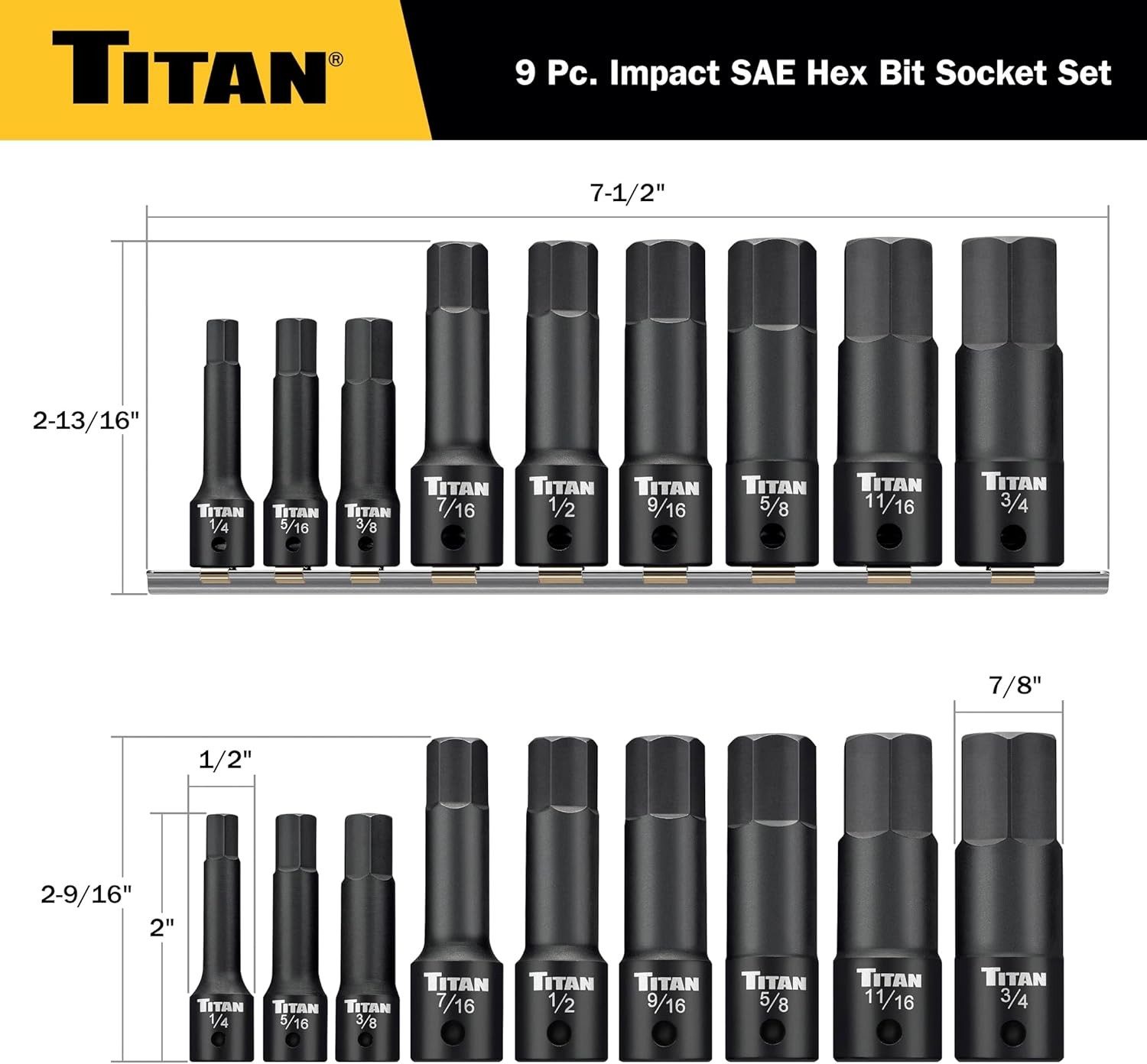 Titan Tools 9-Piece Impact SAE Hex Bit Socket Set (49010)