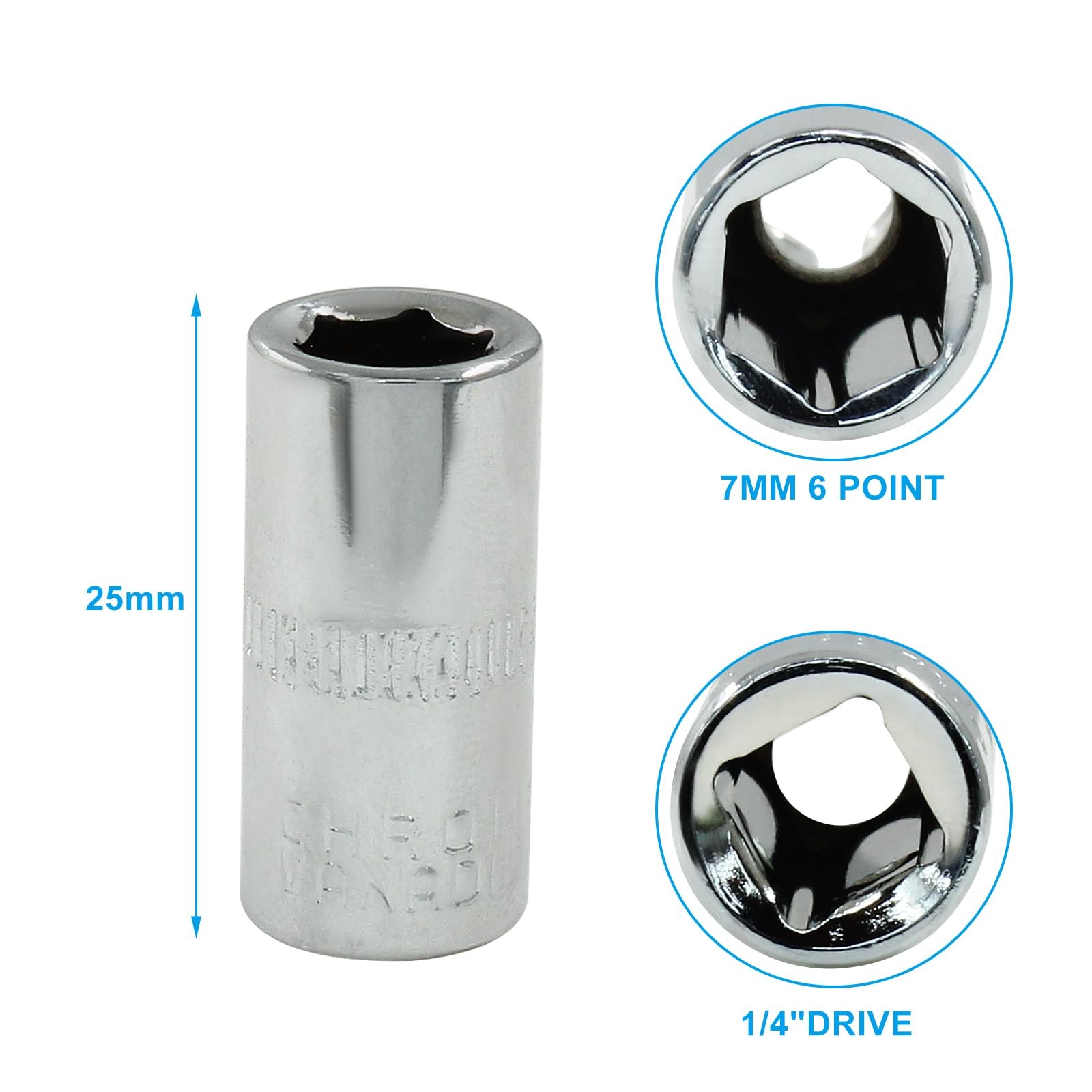 1/4-Inch Drive × 7mm Deep Shallow Socket, 6 Point, Cr-V