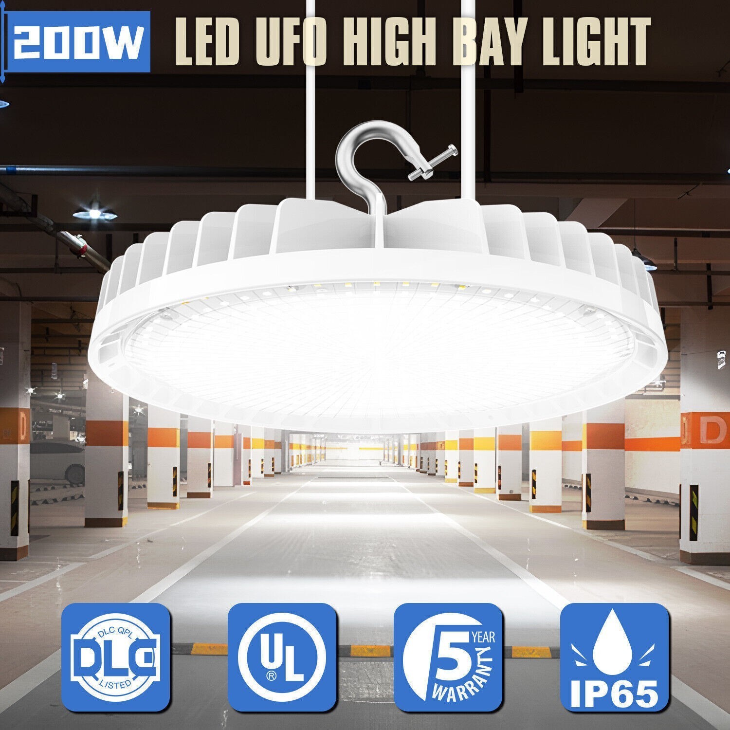 200W UFO LED High Bay Light Garage Warehouse Industrial Commercial Fixture 5000K