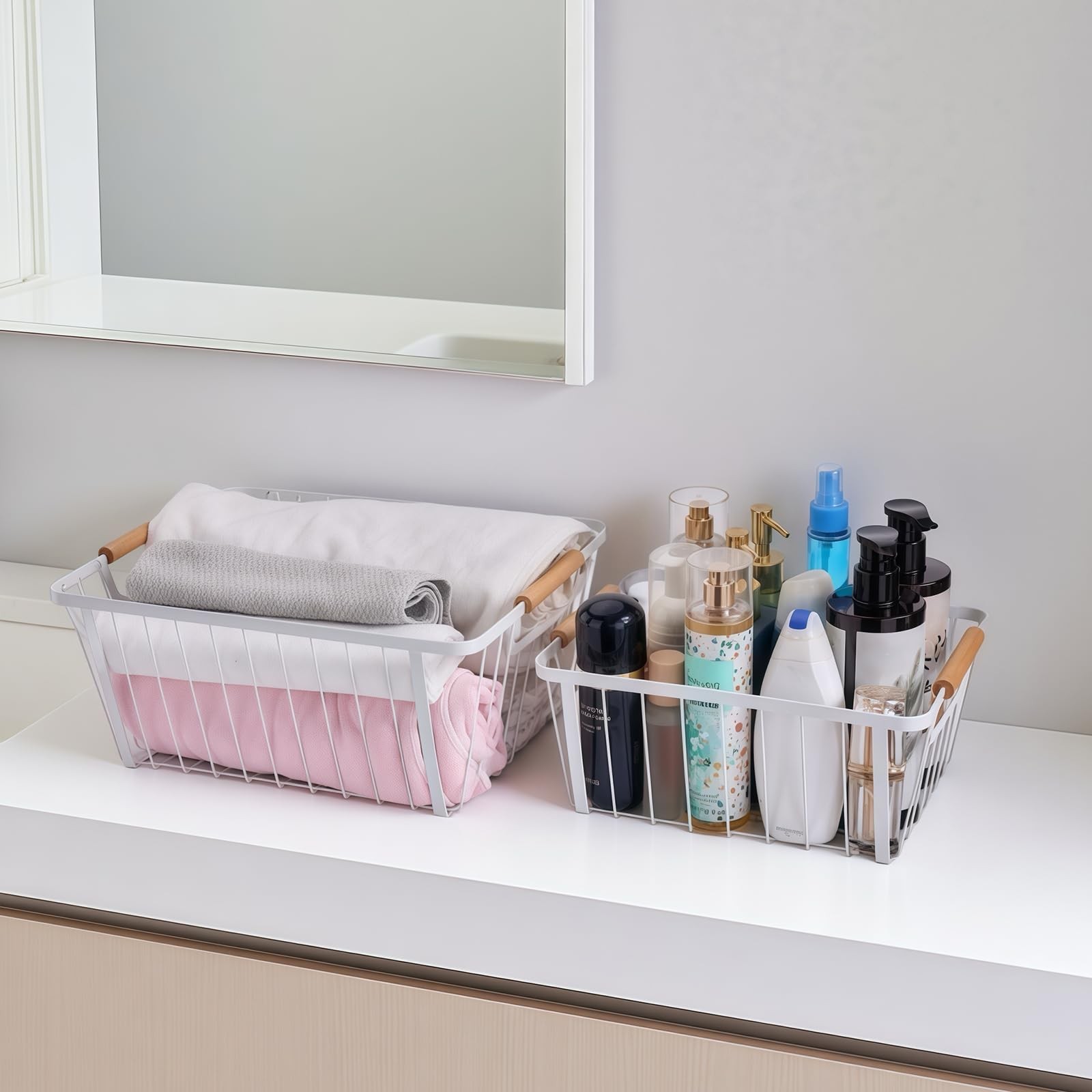 White wire baskets for organizing with Wooden Handle ,Metal Wire Storage Bask...