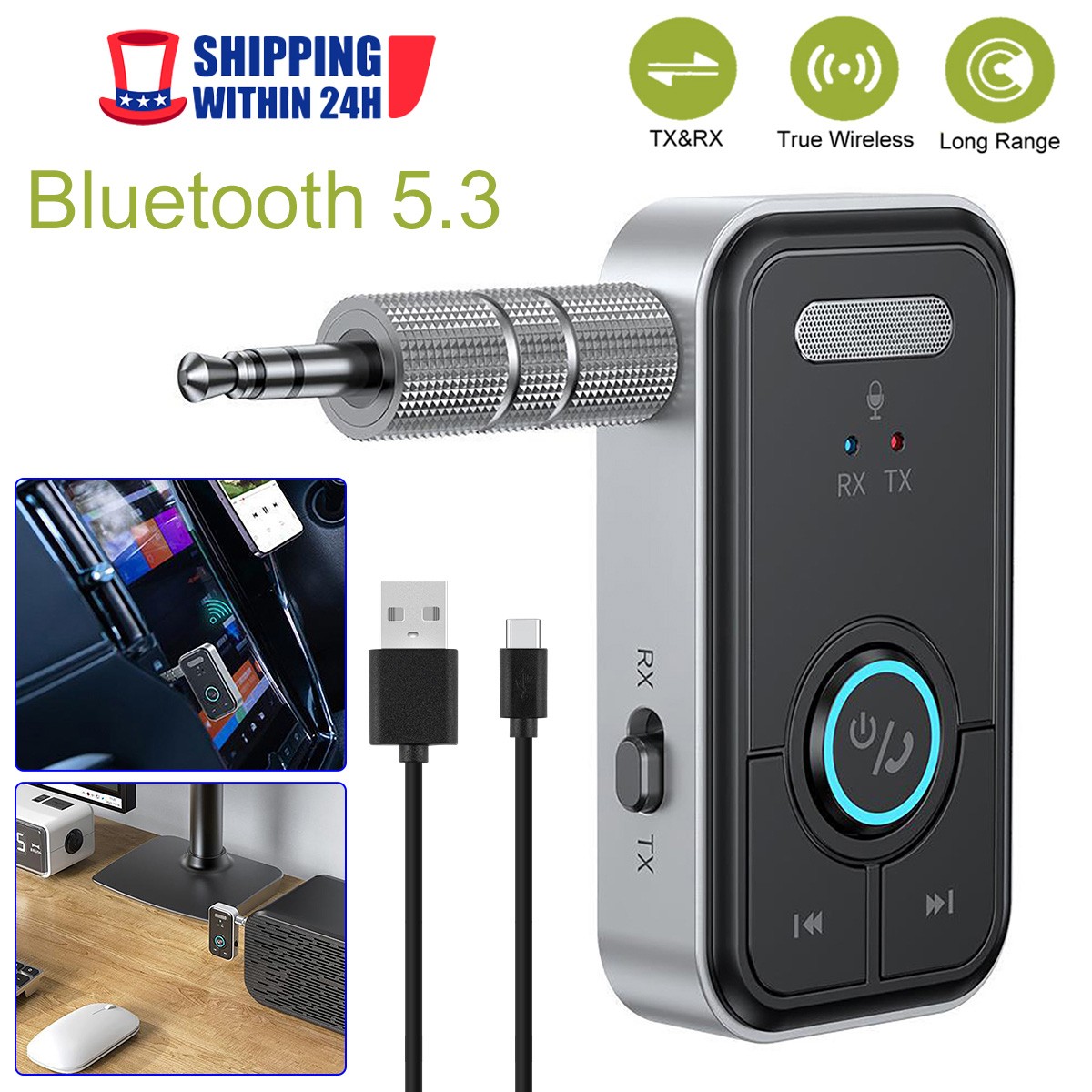 Low Latency Bluetooth 5.3 Audio Adapter 3.5mm Aux Transmitter Receiver Hi-Fi New