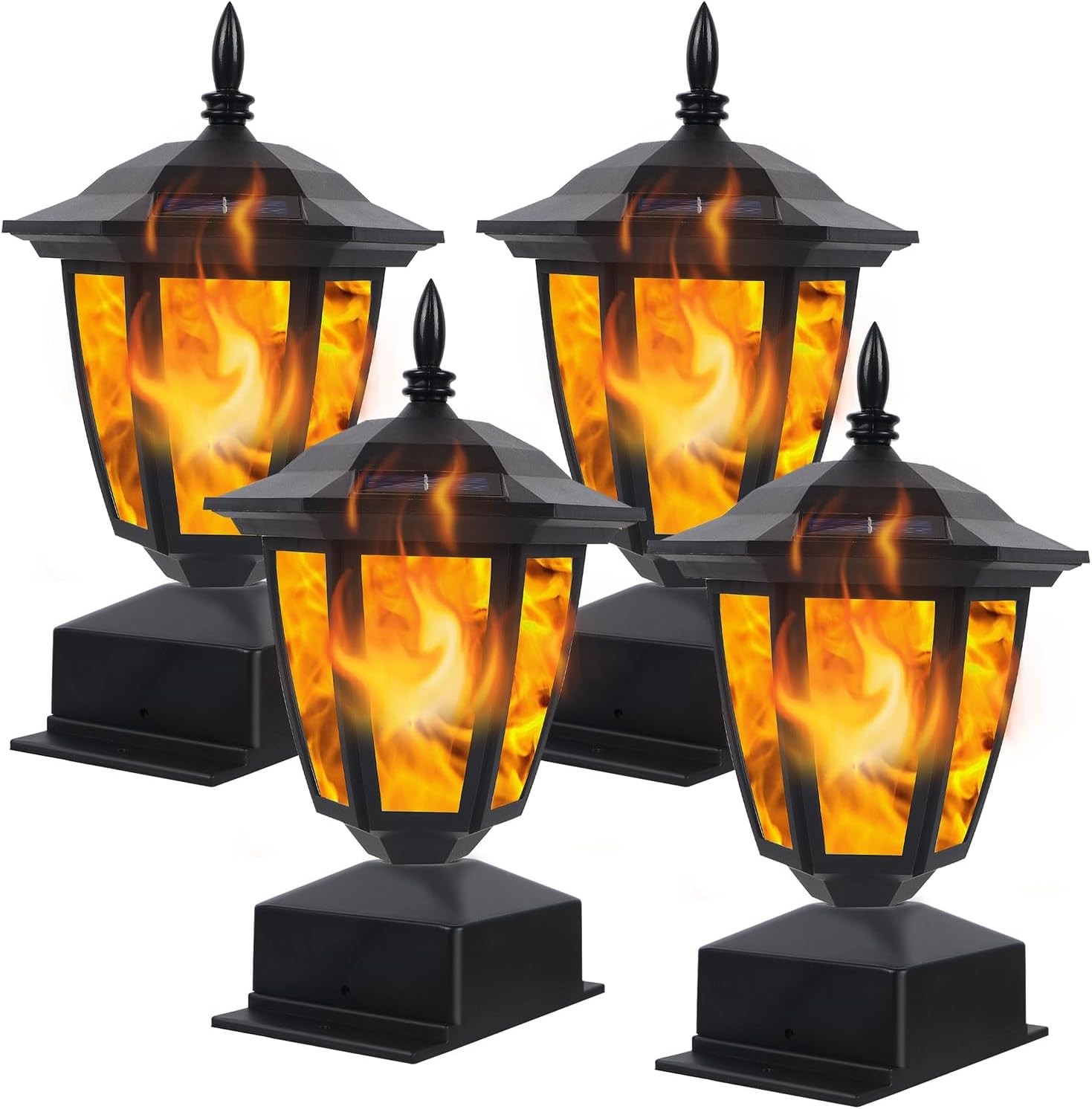 4 Pcs Outdoor Flame Light Solar Post Deck Fence Cap Waterproof Flickering Lights