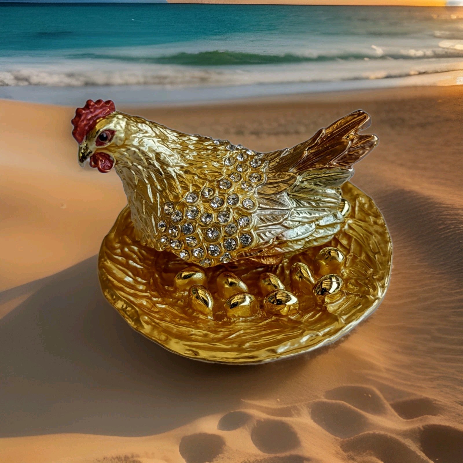 Gold Brown Chicken Hen Trinket Box