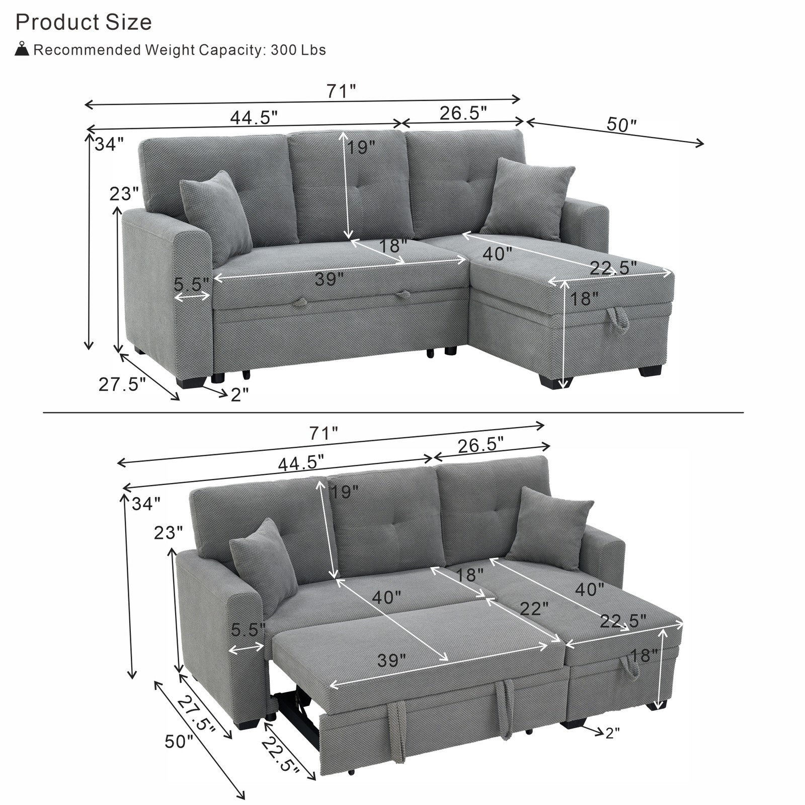 L-Shaped Sofa Sectional Loveseat Couch Convertible Sleeper Sofa w/Pull-Out Bed