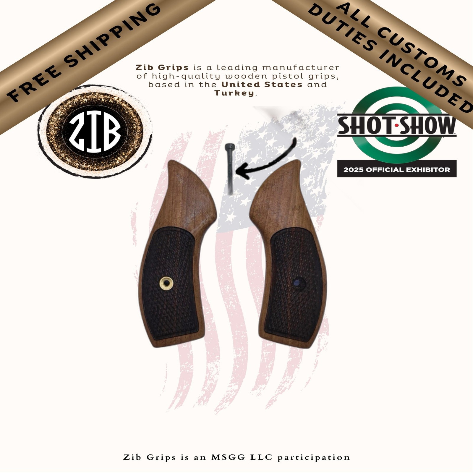 ZIB Premium Grips for SW J Frame - Walnut Varnish - Fits Most S&W Revolvers