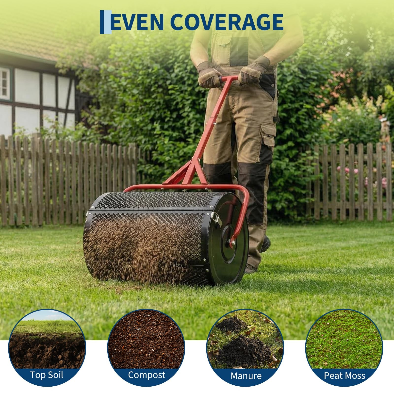 Compost Spreader 24" Top Soil Grass Seed Spreader W/ T Shaped Handle Adjustable