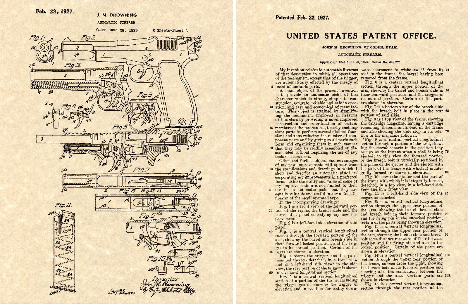 P35 Hi POWER FN US PATENT Art Print READY TO FRAME!!! Browning 9MM Pistol Gun