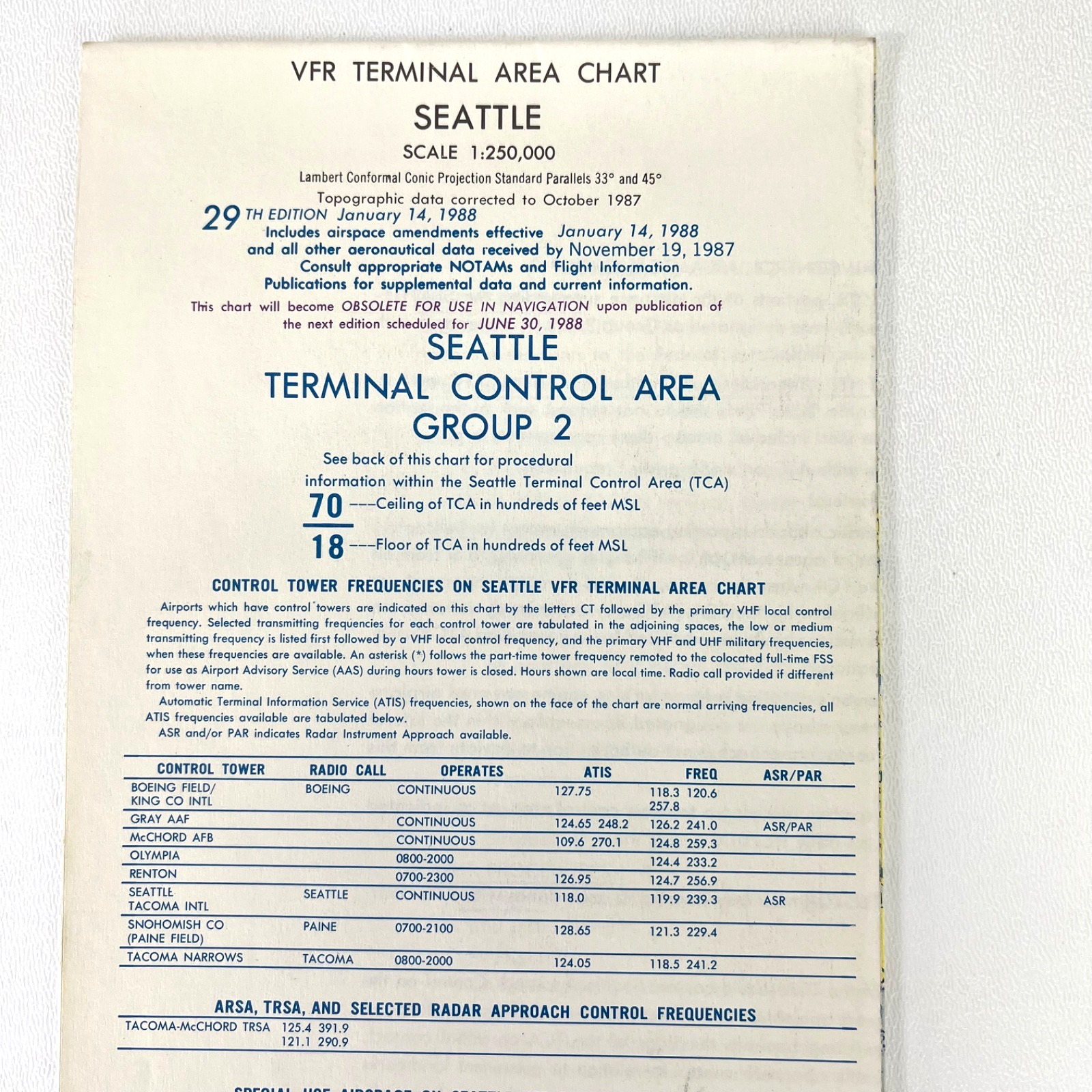 FAA VFR Seattle Aviation Map Terminal Area Chart 1988 29th Edition Vintage