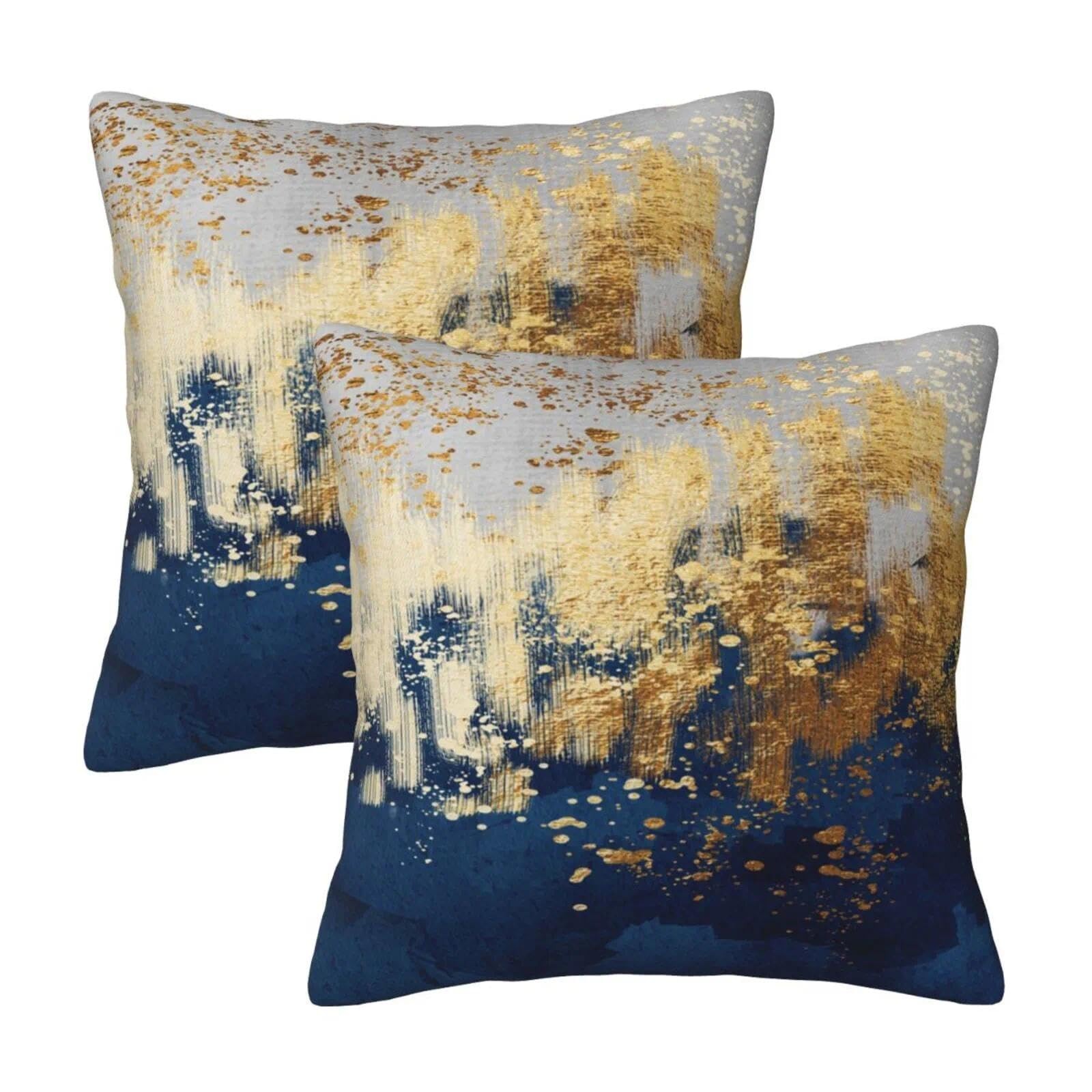 Navy Blue and Gold Pillow Covers 18 x 18 inch Set of 2 Decorative Cushion Cov...