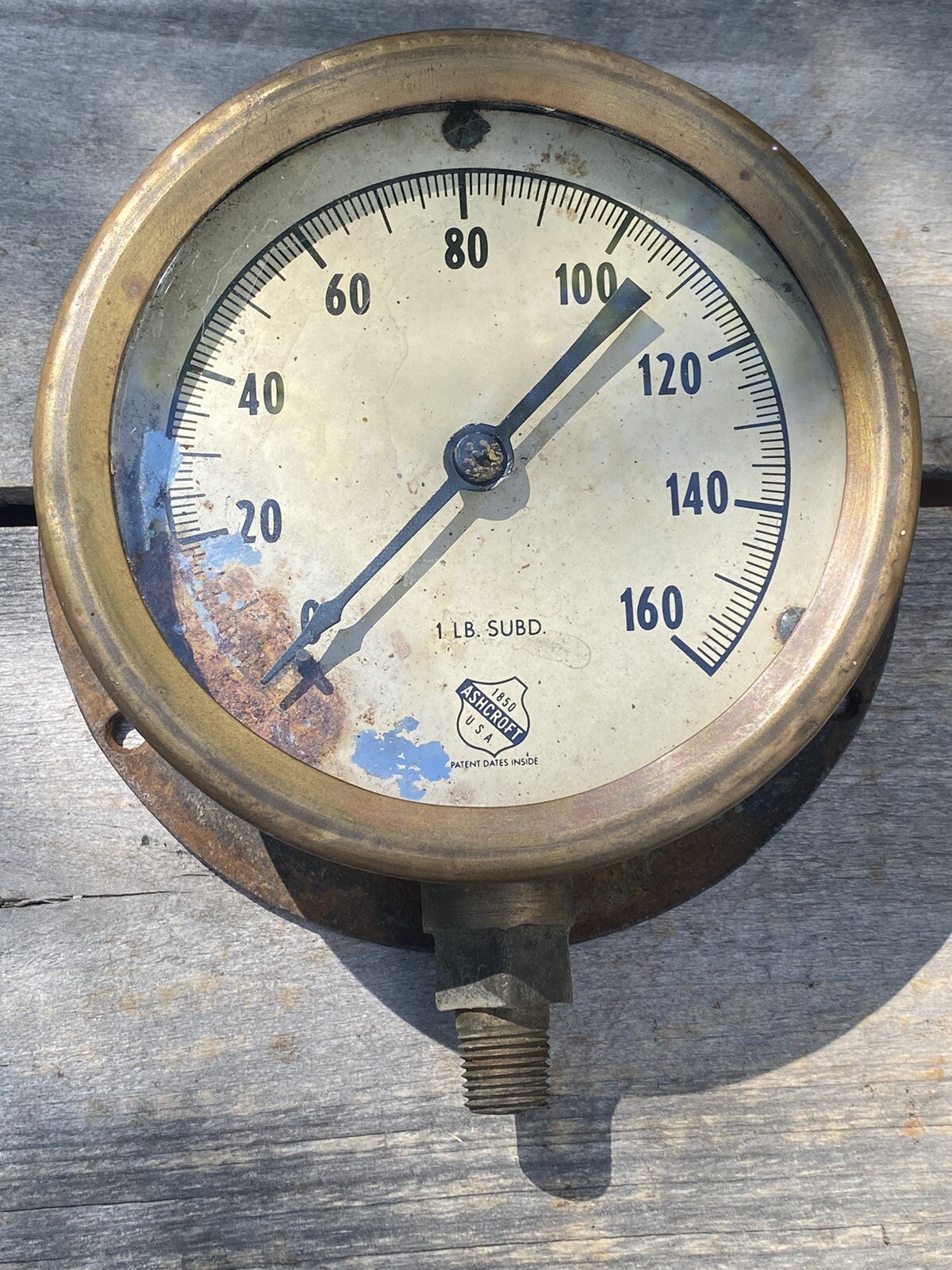 Antique Gauge 1 LB. SUBD. 1850 Ashcroft USA 5” Face Brass Face & Fitting 0-160